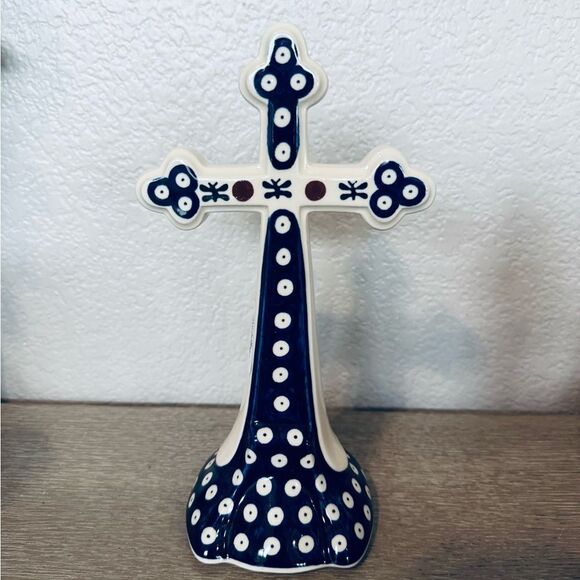 Boleslawiec Polish Pottery Peacock Circles Ceramic Cross Statue - Picture 2 of 4